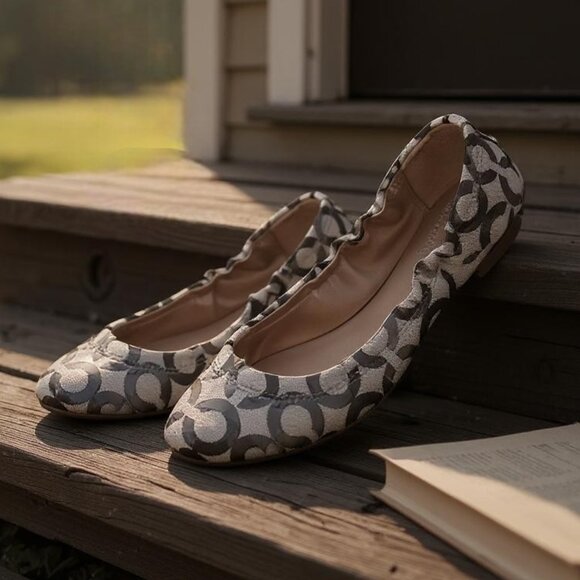 COACH Aly Scrunchy Ballet Flats 6 Signature C Logo Brocade Jacquard Gray Silver - Picture 1 of 13